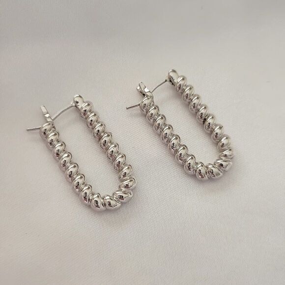 Silver Color Rectangle Shaped Twisted Hoop Earrings - Picture 2 of 4
